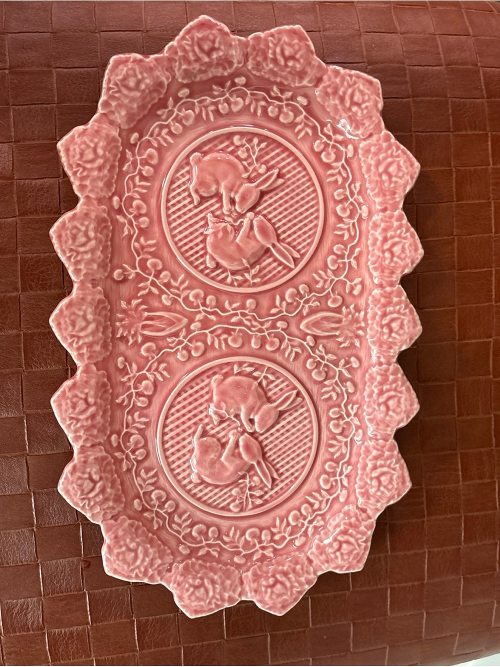 Vintage Bordallo Pinheiro Portugal Majolica Bunny Rabbit Cabbage Platter Tray